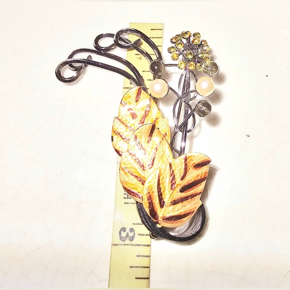 Unique wire work shades of brown leaves citrine Crystals pearl inset brooch - Picture 2 of 6